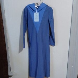 Girls' Long Sleeve Hooded Blue Midi Dress with V-Panel